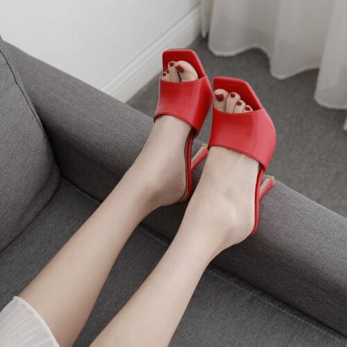 2021 New Shoes women ladies party slippers fashion heel mules elegant square toe high heels slides women pumps blue size 41