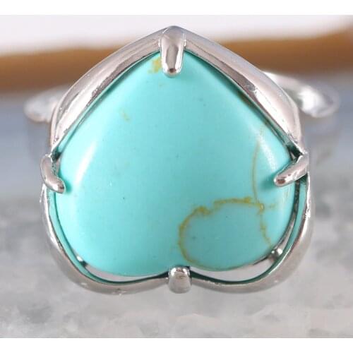Finger Ring For Woman Natural Stone Gem Heart Beaded Ring Green Howlite Resizable Ring Jewelry Gift 1Pcs Z411