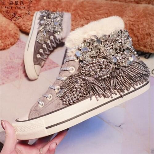 Winter plush high-top canvas shoes new beaded sequin casual shoes wild Korean version of ulzzang sneakers