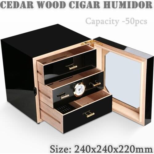 Quality Cedar Wood Cigar Humidor 240x240x220mm Capacity 50 Black Cigar Case Storage Box Lined Humidifier Hygrometer Gift Ashtray