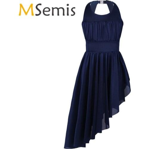 Kids Girls Ballet Dress Contemporary Lyrical Dance Gymnastics Leotard Girls Halter Ruched Cutout Back with Clasp Irregular Hem