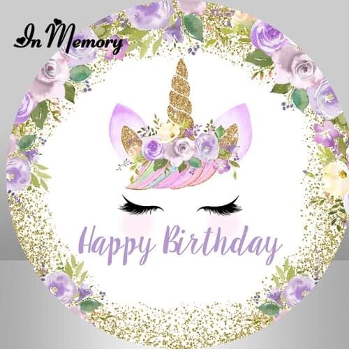 InMemory Unicorn Party Round Circle Backdrops Purple Flowers Gold Glitter Girls Baby Shower Birthday Photography Background