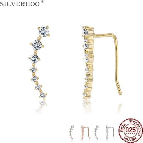 SILVERHOO 925 Sterling Silver Simple Shiny Cubic Zirconia Clip Earrings For Women Trendy Gold Color Ear Clips Silver Jewelry