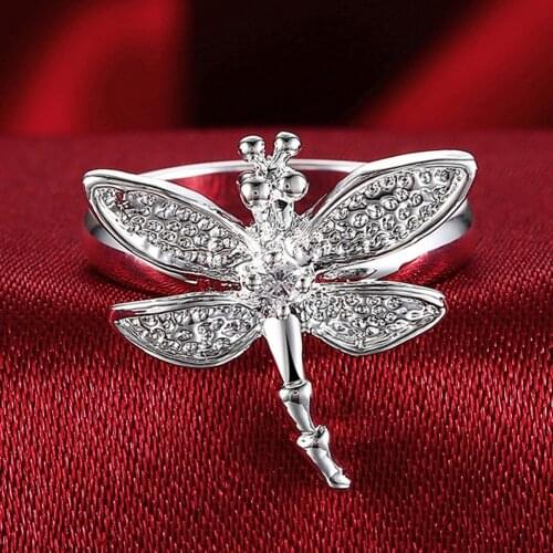 Hot Sale 925 Silver Rings Insect Dragonfly Crystal Rings For Women Girl Silver Color Rings Wedding Jewelry Gifts
