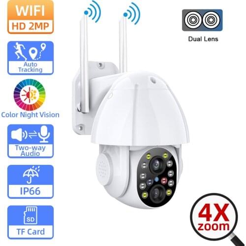 HD 1080P Dual-Lens PTZ Wifi IP Camera Outdoor Auto Tracking 4X Digital Zoom Two Way Audio 2MP Home Security Surveillance Camera