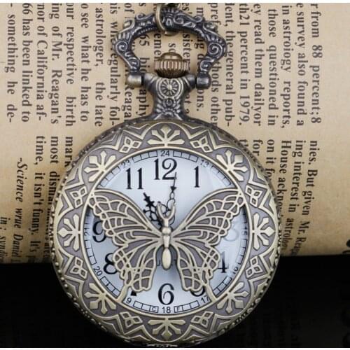 Hollow Butterfly Retro Style Necklace Pocket Watch Chain Steampunk Pendant Quartz Fob Watch Clock
