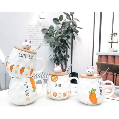 Cartoon 3D Rabbit Carrot Ceramic Mug with lid spoon,Breakfast Mug Water Lovers Cup unique tea Cups Drinkware coffee mugs