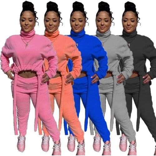 TNNAOFF Casual Two Piece Set for Women Winter Velvet Tracksuit Turtleneck Long Sleeve Crop Top Pants Thick Outfits Matching Sets