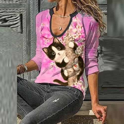 Chemisier coloré à col rond pour femmes, Streetwear, ample, manches longues, Slim, décontracté, imprimé chat, mignon