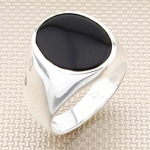 Plain Oval Black Onyx Stone Men Silver Ring With Symmetrical Motif Made in Turkey Solid 925 Sterling Silver