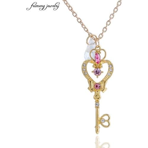 Sailor Moon Space Time Key Pendant Necklace for Women Girls Anime Cosplay Necklace Jewelry with White Crystal Wholesale 20pcs
