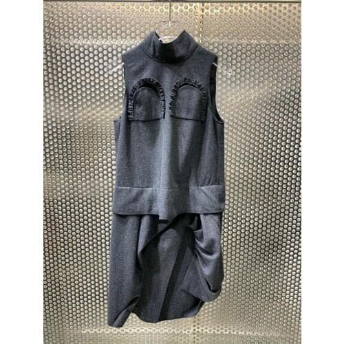 1.17 Autumn Winter Stand Collar Sleeveless Split Dress symmetrical Dress
