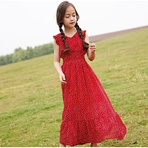 Girls Dresses Childrens Clothing Dress Longuette Chiffon 10 To 12 Year Red Beach Dress 2021 New Children Fashion Summer Clothes