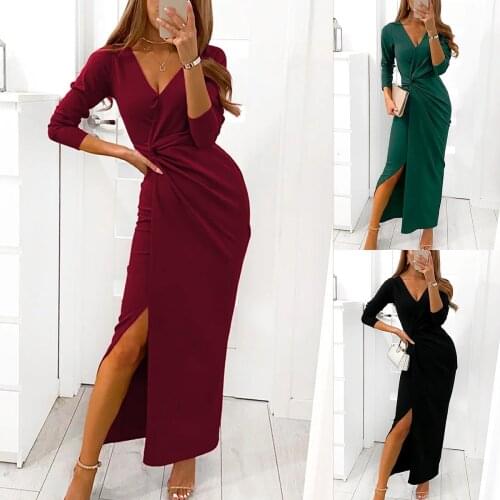 Sexy Deep V-neck Slit Maxi Dress Woman Autumn Long Sleeve Solid Corset Long Dresses For Women 2021 Black Bocycon Club Robe Femme