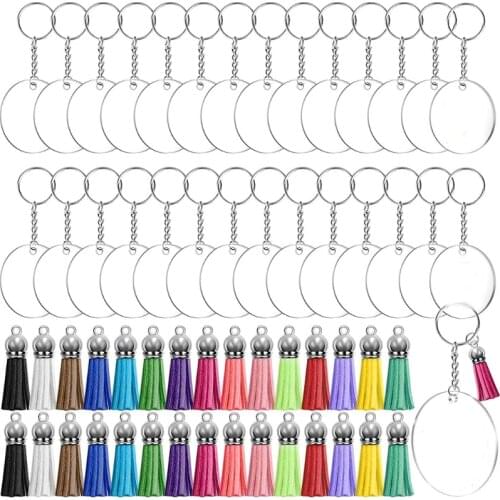 90/120 Pcs Acrylic Keychain Blanks with Key Rings Jump Rings Round Clear Discs Circles Colorful Tassel Pendants