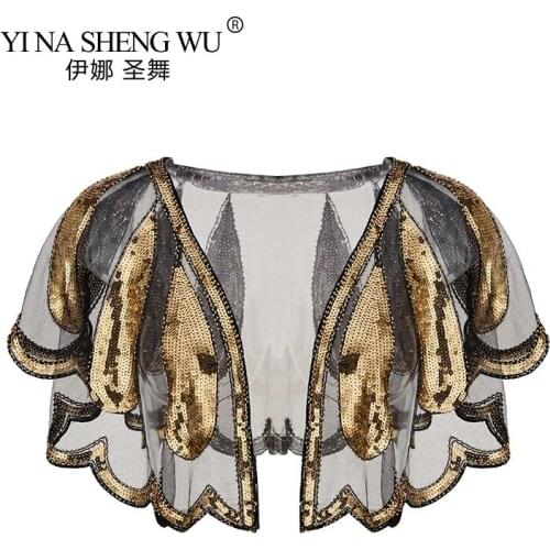 Women Shawl 1920s Sequins Flapper Fringe Scarves Cover Up Gatsby Party Evening Beaded Cape Vintage Mesh Scarf Wraps New Shawl