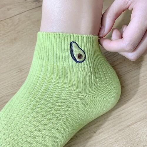 Women Solid Avocado Embroidery Socks Casual Joker Cotton Short Socks For Ladies Concise College Style Breathable Sox Trendy