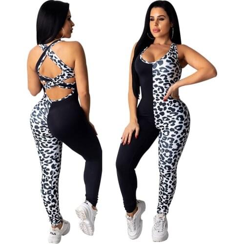 FUFUCAILLM Women Color Block Jumpsuit Sleeveless U-shaped Neck Leopard Print Back Cross Bandage Sports Jumpsuits