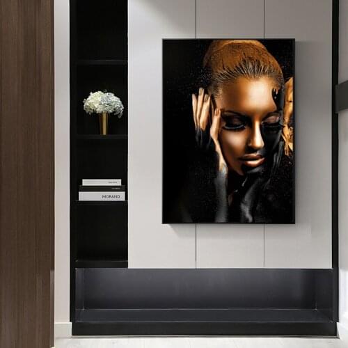 Golden Black Canvas Poster Nude African Woman Oil Painting Wall Art Posters and Prints Wall Pictures for Living room Home Decor