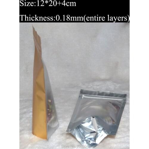 12x20+4cm/4.7''x7.9'',200pcs/lot, Tea,Coffee pack bag clear stand up foil Bag Gold Ziplock Stand Up Metallic Ziplock Bag