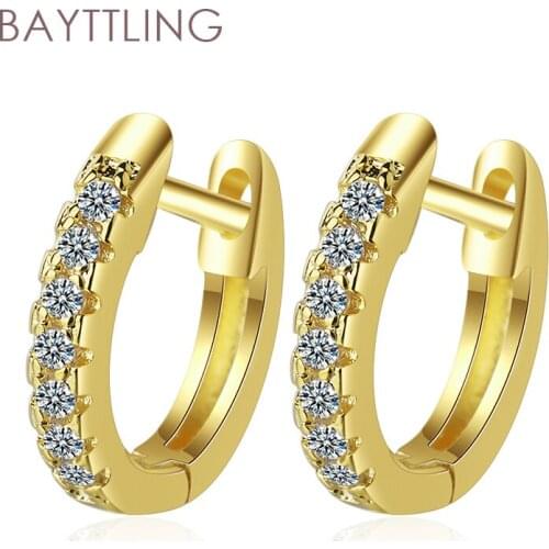 BAYTTLING 925 Sterling Silver Golden Shiny Round Zircon Hoop Earrings For Women Fashion Wedding Jewelry Gifts