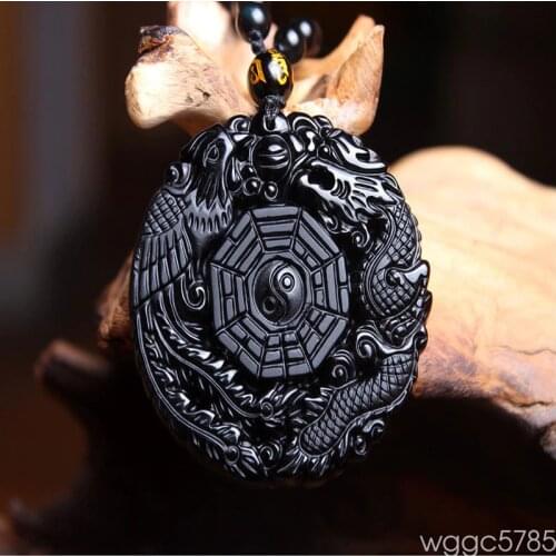 Free shipping Natural Obsidian Hand Carved Chinese Dragon Phoenix BaGua Lucky Amulet Pendant