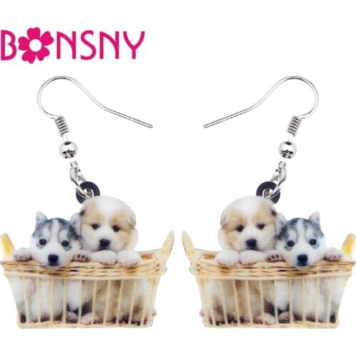 Bonsny Acrylic Basket Of Husky Shih Tzu Puppy Dog Earrings Dangle Drop New Fashion Cute Animal Jewelry For Women Girl Pet Lovers