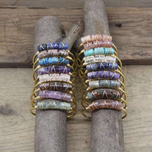 Faceted Gems Stone Tube Beads Open Cuff Bangles Brass Wire Wrap Apatite Crystal Quartz Fashion Women Bracelet Jewelry QC2013