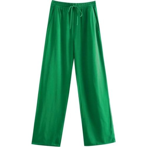 Women Green Color Pockets Casual Straight Pants Female Chic Elastic Waist Lace Up Summer Long Trousers
