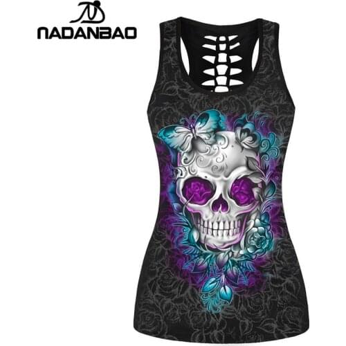 NADANBAO Black Gothic Skull Head Women Tank Tops Vest For Girls Sleeveless Top Sexy Slim Plus Size Woman Cropped