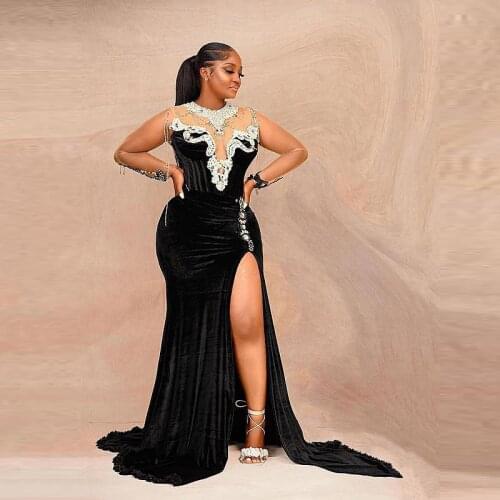 Black High Slits Mermaid Prom Dresses With illusion Long Sleeves Lace Appliques Plus Size Aso Ebi Evening Dress Sheer Neck Beads