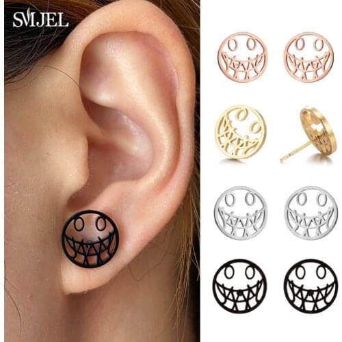 Punk Black Hollow Smiley Face Earrings for Women Men Steel Unqiue Halloween Spider Emotional Expression Earring Human Face Studs