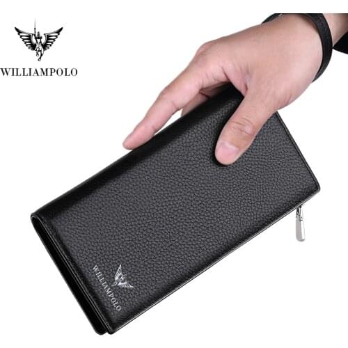 WilliamPOLO Mens Wallet Zipper Hasp Long Genuine Leather Business Phone with Strap Credit Cards Clutch Coin Wallet PL128