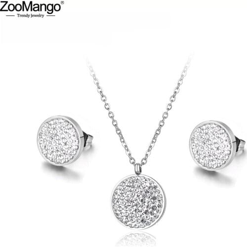 ZooMango Trendy Stainless Steel Wedding Necklace Earrings Jewelry Classic Pave Setting CZ Crystal Circle Sets For Women ZSE016