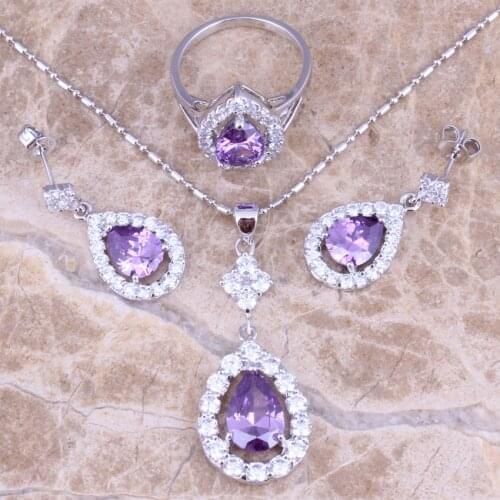 Purple Cubic Zirconia White CZ Silver Plated Jewelry Sets Earrings Pendant Ring Size 5 / 6 / 7 / 8 / 9 / 10 / 11 / 12 S0839