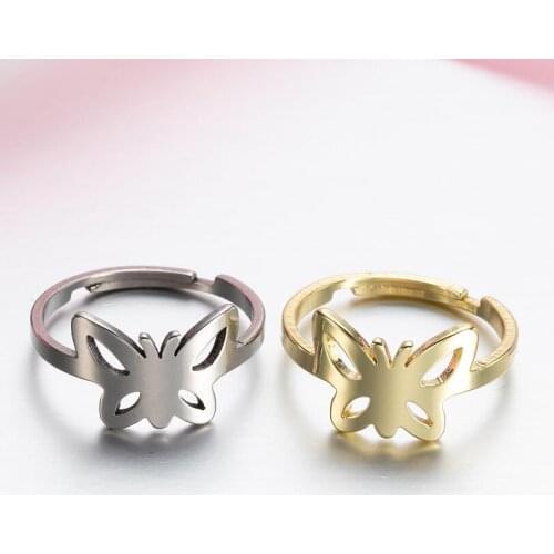 Creative Cute Butterfly Rose Flowers Rings for Women Stainless Steel Adjustable Sea Wave Ring Wedding Jewelry Girl Gift Bijoux