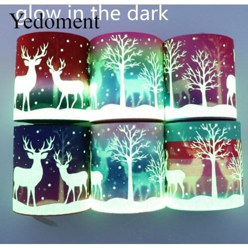 5 Yards 3'' 75MM Glow In The Dark Christmas Printed Grosgrain Ribbons For Hair Bows DIY Handmade Materials Y19091002
