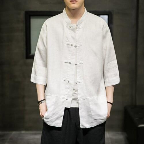 Summer Chinese Traditional Style Orient Tang Stand Collar Pan Gu Button Hanfu Men White Loose Cotton Linen Han Fu Tops Clothing