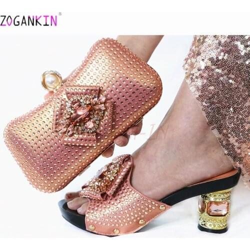 Fashion Hot Selling Peach Color African Designer Shoes And Bag Set To Match Italian Party Shoes With Matching Bags Set