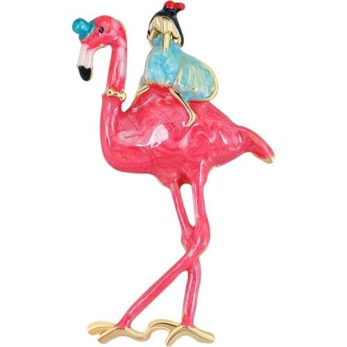 Cute Enamel Flamingo and Girl Brooches Unisex Women MenFashion Pin Bird Animal Broches Fashion Dress Coat Accessories AL627