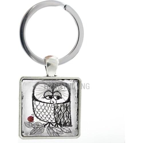 New Vintage pencil art Owl and Ladybug keychain cute bird insect charms men women key chain ring holder interesting jewelry AA47
