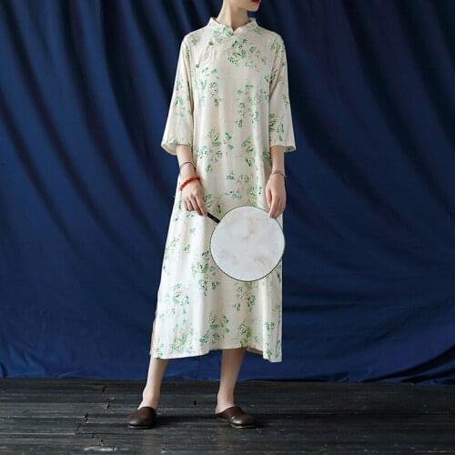 Summer Cute Digital Green Floral Print Beads Button Cotton Linen Dress, Three Quarter Sleeve Classical Improved Cheongsam Robe