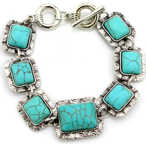 Silver Plated Link Chain Stackable Rectangle Shape Green Turquoises Stone Bracelet Ethnic Style Jewelry