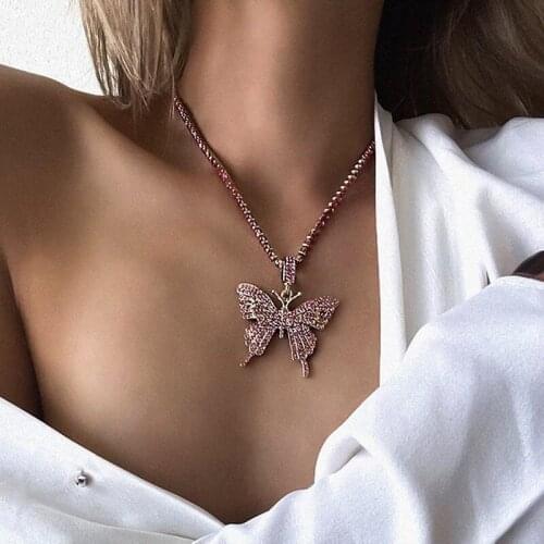 Luxurious Full Crystal Butterfly Necklace Woman Pendants Crystal Jewellery Neck chain Hip hop Punk Charm black rose gold