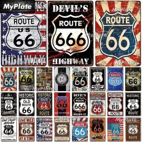 Route 66 Plaque Metal Vintage Bar Furniture Plates Panels Tiki Bar Sign Vintage Decor Man Cave Decoration Personalized Plate