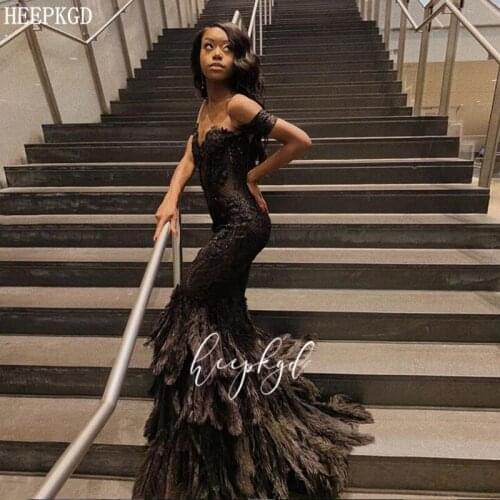 Sexy Black Mermaid Lace Prom Dresses With Feathers Off The Shoulder Sweetheart Customize Black Girl Graduation Dress Robe Soiree