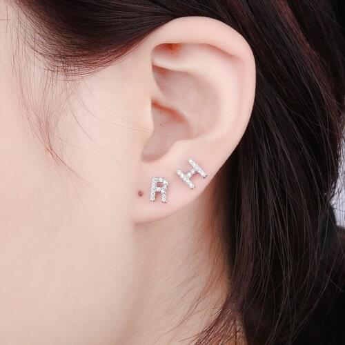 DUOYING 1PC Personalized A-Z Letter Stud Earrings Initial YOUR NAME Earrings Mirco Pave Rhinestone 925 Silver Earrings For Women