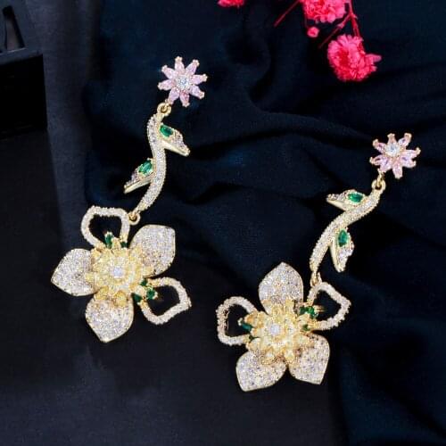 ThreeGraces Charming Flower Leaf Long Dangle Drop Earrings for Women Shiny Yellow Cubic Zirconia Wedding Party Jewelry ER676