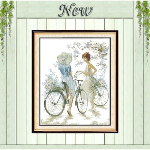 Bicycle girl camping decor painting counted printed on canvas DMC 11CT 14CT kits chinese Cross Stitch embroidery needlework Sets