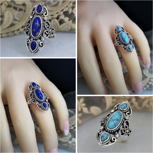 Vintage Natural Navy Blue Stone Rings Ethnic Jewelry Antique Silver Color Hollow Out Metal Turquoises Finger Rings